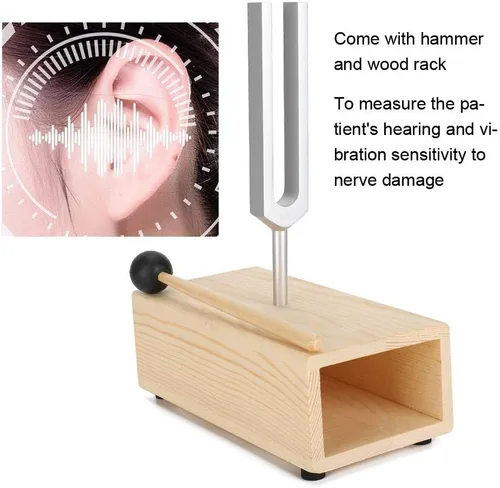 Vista 6 de Diapasón, martillo de diapasón, diapasón de afinación 440Hz, herramientas de percusión, martillo de madera, herramienta de sonido. Estante