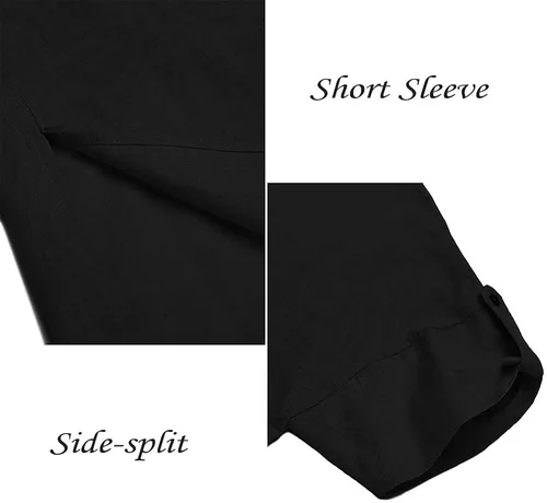 Vista 7 de COOFANDY Bata de lino con cuello en V para hombre, manga corta, caftán Thobe, camisa casual para playa, verano