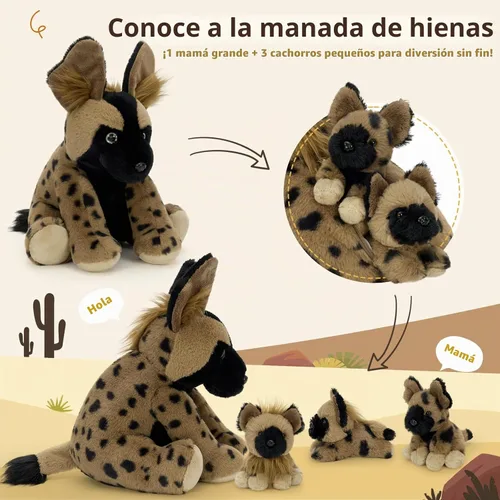 Vista 5 de MorisMos 4 piezas de animales salvajes africanos de peluche, mamá de 18 pulgadas con 3 cachorros de bebé, juguetes de peluche suaves y esponjosos