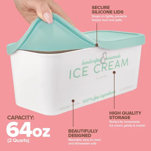 Vista 3 de Recipientes para helados con tapas herméticas de silicona (paquete de 2) de 2 cuartos de galón cada uno, recipientes reutilizables para congeladores