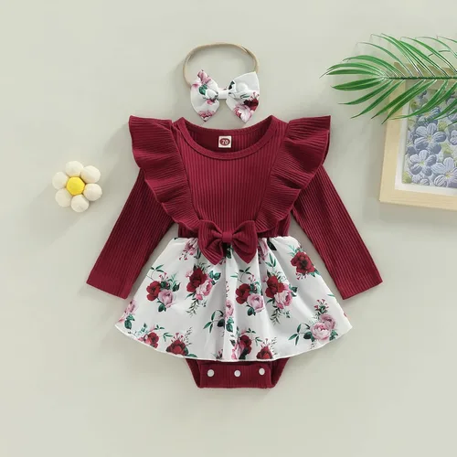 Vista 2 de Trajes de manga larga para niña recién nacida, cuello redondo, estampado de flores, patchwork con banda para el pelo, 2 piezas, ropa de otoño