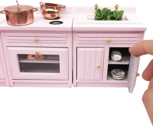 Vista 5 de Accesorios de decoración de casa de muñecas, casa de muñecas 1:12, muebles en miniatura, juego de gabinetes de cocina de madera combinados Rosa