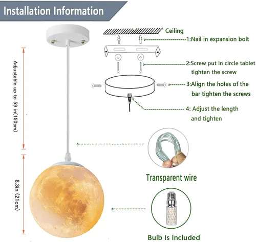 Vista 6 de Lámpara colgante de luna, lámpara colgante lunar impresa en 3D con bombilla, lámpara de techo de globo cableada de 7 pulgadas, regalos espaciales