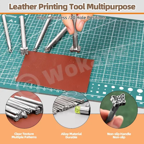 Vista 4 de Wokape 23 herramientas de estampado de cuero, el kit de estampado de cuero contiene 20 herramientas de talla de cuero de diferentes formas
