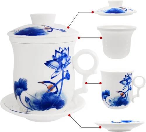 Vista 9 de Taza de té de porcelana con tapa de infusor y juegos de platillos – Taza de café de cerámica china Jingdezhen Taza de té de hoja suelta Sistema