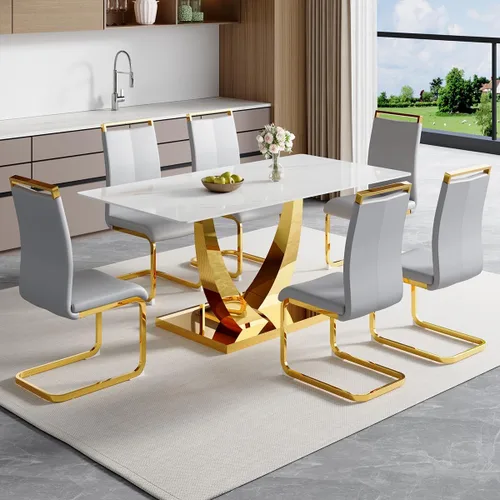 Vista 40 de Juego de mesa de comedor de 63 pulgadas para 4, juego de mesa de comedor dorado moderno para 4, juego de mesa de cocina de mármol sintético
