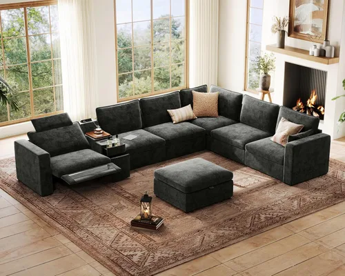 Vista 29 de Sofá reclinable eléctrico de 102.8 pulgadas con reposacabezas, sofá reclinable modular Cloud de gran tamaño con mesa, cajón de almacenamiento