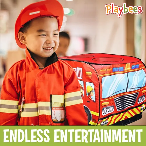 Vista 6 de Playbees Tienda de Campaña Musical Emergente de Camión de Bomberos con 3 Aberturas - Tienda de Juego de Rol de Bombero - Sirenas y Sonidos