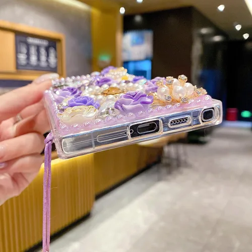 Vista 7 de iFiLOVE Funda para Samsung Galaxy S10 Bling Diamond Case con correa de flores, 3D de lujo con purpurina de cristal de imitación de perlas y rosas