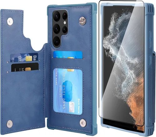 Vista 25 de VANAVAGY Funda tipo cartera compatible con Galaxy S22 con soporte para tarjetas de bloqueo RFID, piel sintética, cierre magnético, función atril