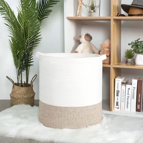 Vista 4 de MINTWOOD Design Cesta decorativa de cuerda de algodón tejida extra grande de 20 x 18 pulgadas, cesta alta para ropa sucia, cesta de manta para sala