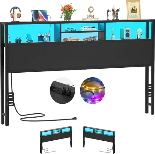 Vista 9 de Cabecero Aheaplus para Cama Individual con Almacenamiento, Cabeceros con Enchufes, Puertos USB y Luz LED, Cabecero Individual Solo, Altura