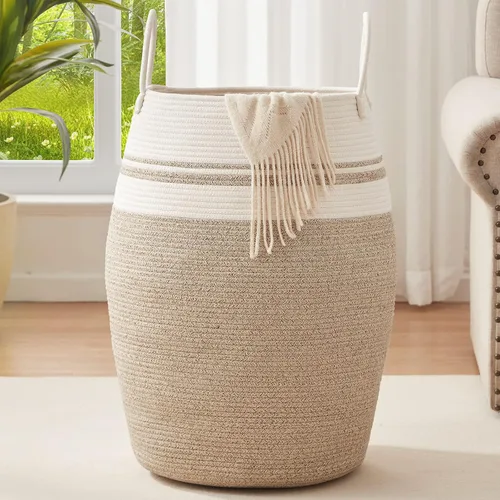 Vista 8 de OIAHOMY Cesta de lavandería tejida de cuerda, tamaño grande, con asas extendidas para ropa y juguetes, cesta alta de 25.6 pulgadas, plegable
