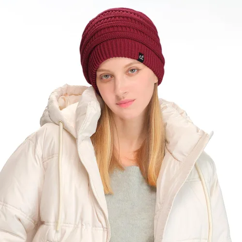 Vista 11 de C.C Winter Oversized Beanie Hat with Fuzzy Lining – Thick Knit Thermal Beanie for Cold Weather, Soft Warm Fleece Lined Cap