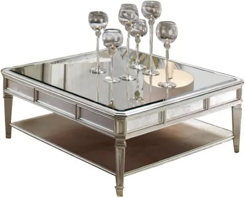 Vista 8 de Mesa de té para sala de estar, mesa de centro retro, mesa cuadrada para sala de estar, mesa de sofá con tapa de espejo y estante de almacenamiento