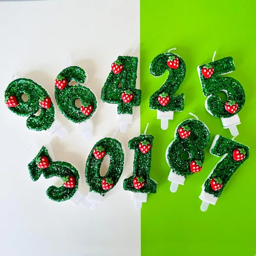 Vista 3 de Velas de cumpleaños 0, vela de número verde con fresa, linda vela de número de cumpleaños para suministros de fiesta de pasteles número 0 Green-0