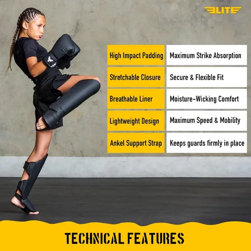 Vista 5 de Elite Sports Muay Thai MMA Kickboxing Espinilleras para niños y niñas de 4 a 14 años, protectores de espinillas con protección para el empeine