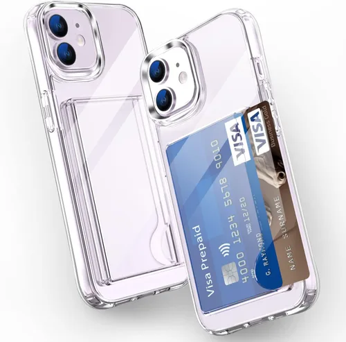 Vista 5 de Funda transparente compatible con iPhone 11 de 6.1 pulgadas con ranura para tarjetero, a prueba de golpes, suave TPU+policarbonato duro, funda