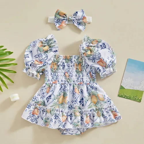 Vista 2 de Mameluco de verano para niña, sin mangas, vintage, con burbujas, vestido de mameluco lindo y diadema