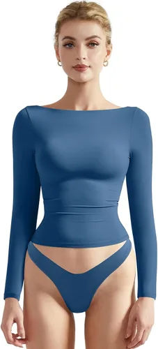Vista 25 de SUUKSESS Camiseta de mujer con cuello redondo, manga larga, doblemente forrada, ajustada y corta Negro