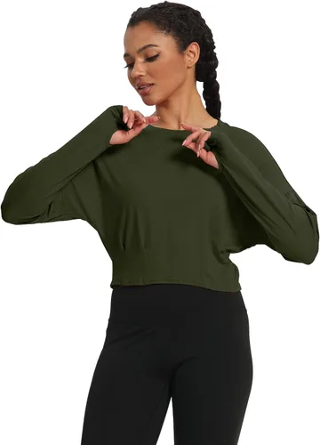 Vista 5 de Mippo Womens Oversized Long Sleeve Workout Crop Top Batwing Sleeve Shirts with Thumb Holes
