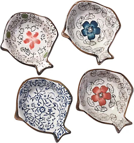 Vista 7 de Juego de 4 cuencos japoneses de cerámica en forma de flor, platos pequeños de 4 pulgadas para salsa de soja, condimentos, sushi, aperitivos