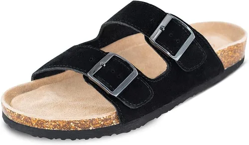 Vista 6 de TF STAR Sandalias de cuero de vaca para hombre, hebilla ajustable de 2 correas, pantuflas informales, plantilla de corcho deslizante