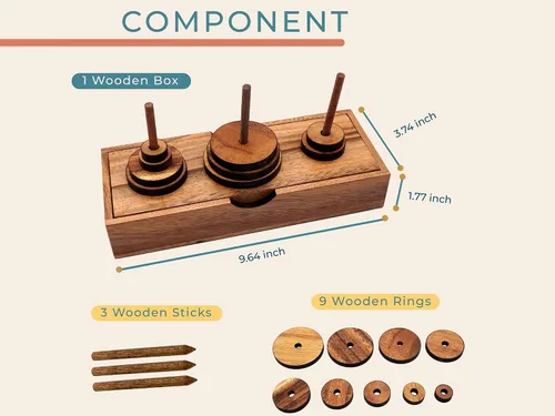 Vista 8 de BSIRI Divertidos juegos de mesa de rompecabezas de la torre de Hanoi (9 anillos) con diseños de madera para rompecabezas cerebrales