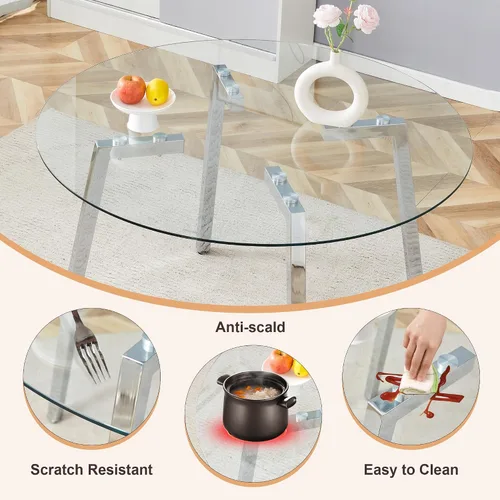 Vista 8 de Modern Luxurious Round Tempered Glass Dining Table with Silver 7 Shaped Metal Legs,Suitable for Family Meals, Office conferences, or as a Casual