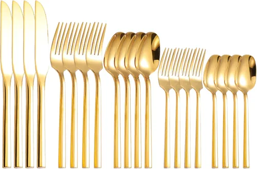 Vista 2 de Juego de Cubiertos Espejo Juego de Cubiertos Dorados con Mango Hexagonal 20 Piezas Juego de Cubiertos de Acero Inoxidable 18/0 Regalo de Boda e