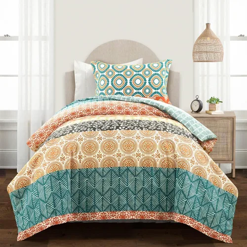 Vista 9 de Lush Decor Juego de funda de edredón reversible de algodón a rayas bohemias, juego de 3 piezas, tamaño King, turquesa y naranja, juego de cama a