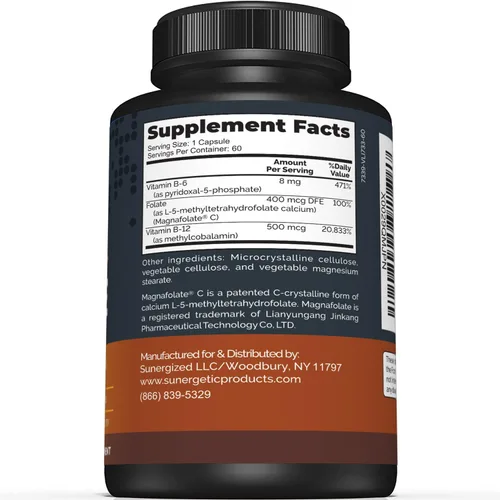 Vista 2 de Sunergetic Suplemento de folato de metilo prémium – con vitamina B12 metilada y vitamina B6 – Folato metabólicamente activo como magnafolato