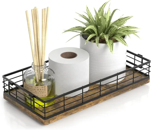 Vista 12 de Cesta de papel higiénico de acacia, bandeja de 13 pulgadas para almacenamiento de artículos de aseo en la parte superior del inodoro, organizador
