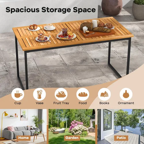 Vista 6 de Tangkula Mesa de comedor de madera de acacia de 55 pulgadas para 6, mesa rectangular para exteriores con patas de metal resistente y agujero