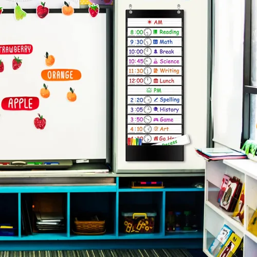 Vista 2 de Calendario diario de bolsillo – 13 + 1 bolsillos para niños con 18 tarjetas reutilizables de borrado en seco y 2 ganchos sobre la puerta para aula