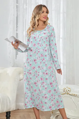 Vista 3 de IZZY + TOBY Camisones de algodón de manga larga para mujer, camisón de algodón suave para mujer, camisón largo para dormir