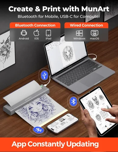 Vista 4 de MUNBYN ITP05S - Impresora de plantillas de tatuaje, impresora térmica inalámbrica Bluetooth con 20 hojas de papel de transferencia, compatible
