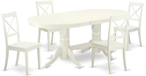 Vista 19 de East West Furniture VABO7-LWH-W - Juego de comedor de 7 piezas compuesto por una mesa de comedor ovalada con hojas de mariposa y 6 sillas de asiento