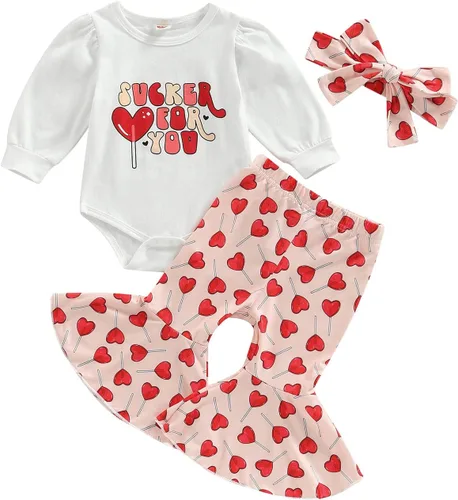 Vista 35 de FIOMVA Conjunto de ropa de 3 piezas con estampado de corazón para bebé recién nacida, para el día de San Valentín