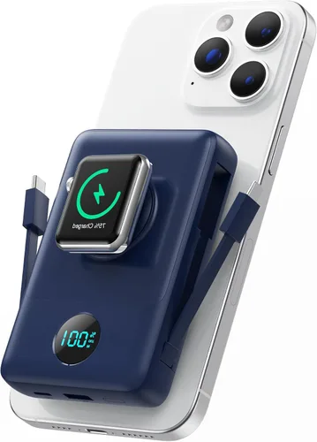 Vista 10 de Cargador portátil magnético para MagSafe con cable integrado, cargador para iWatch, banco de energía inalámbrico de 10800mAh, artículos esenciales