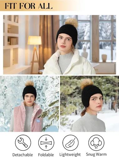 Vista 7 de Gorros de invierno para mujer Gorros de invierno para mujer con pompón de piel sintética, gorro de punto cálido, gorro grueso
