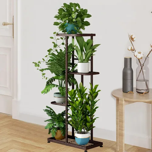 Vista 6 de LINZINAR Soporte de metal para plantas de 4 niveles y 5 macetas, estante múltiple para macetas para interiores y exteriores, unidad de estantería