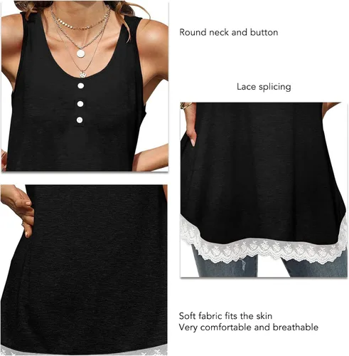 Vista 7 de Women Crewneck Button Up Tank Top Casual Loose Pure Color Lace Trim Ruffle Hem Camisole for Daily Party Date