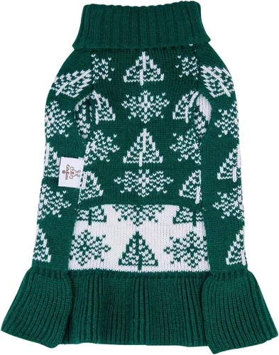 Vista 5 de CuteBone Suéter de Navidad para perro feo, suéter de invierno de punto de cuello alto verde con pompones artesanales, vestido con volantes