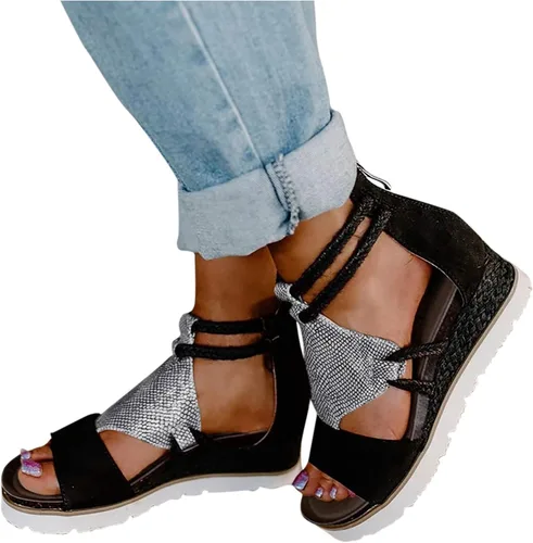Vista 3 de Sandalias de cuña marrones para mujer, tacón de cuña con punta abierta, cómodas sandalias romanas de comercio exterior, zapatos marrones