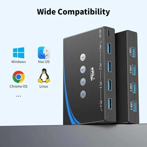 Vista 7 de eKL interruptor USB 3.0 para compartir entre 4 computadoras, 4 puertos USB 3.0, interruptor para PC, laptop, ratón, teclado, escáner, impresora