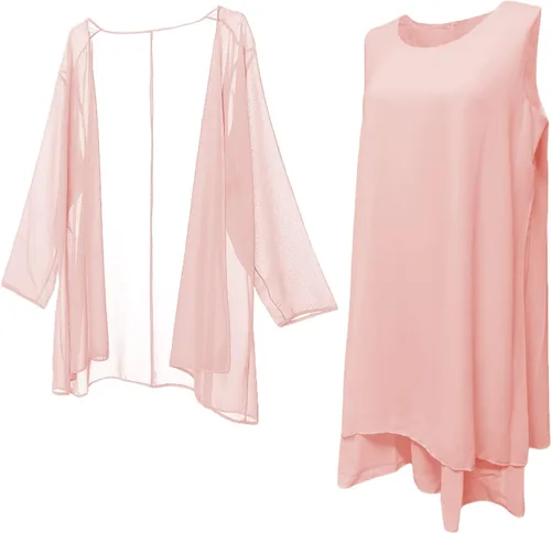 Vista 5 de LIDLIT Vestido de gasa para mujer, 2 piezas, vestidos de madre de la novia, manga larga, hasta la rodilla, vestidos de chaqueta..