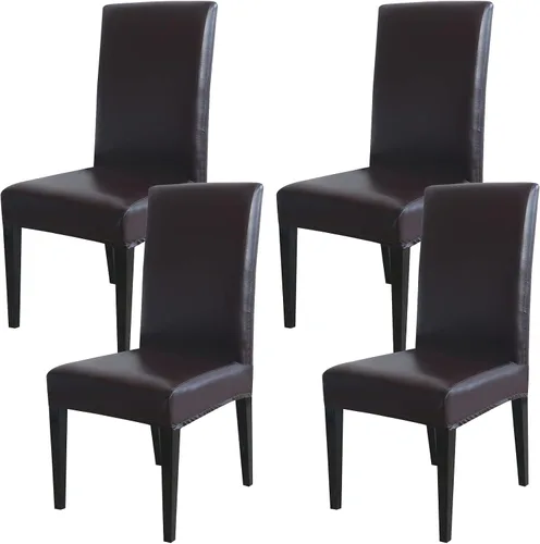 Vista 11 de Qubjus Fundas para sillas de comedor, de piel sintética sólida, impermeable, a prueba de aceite, elásticas, fundas protectoras para sillas de Negro