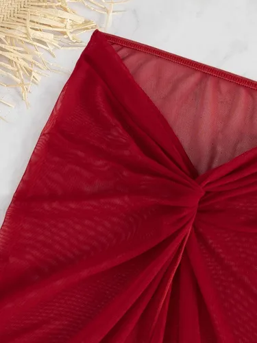 Vista 5 de OYOANGLE Conjunto de bikini de 3 piezas para mujer, traje de baño con alambre en V, falda de playa torcida