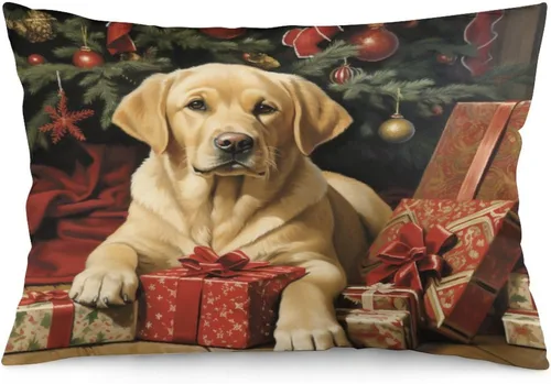 Vista 13 de Yellow Lab - Fundas de cojín de Navidad de 12 x 20 pulgadas, diseño de retrato de perro amarillo serio, labrador retriever, fundas de almohada